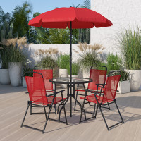 Flash Furniture GM-202012-RD-GG Nantucket 6 Piece Red Patio Garden Set with Umbrella Table and Set of 4 Folding Chairs